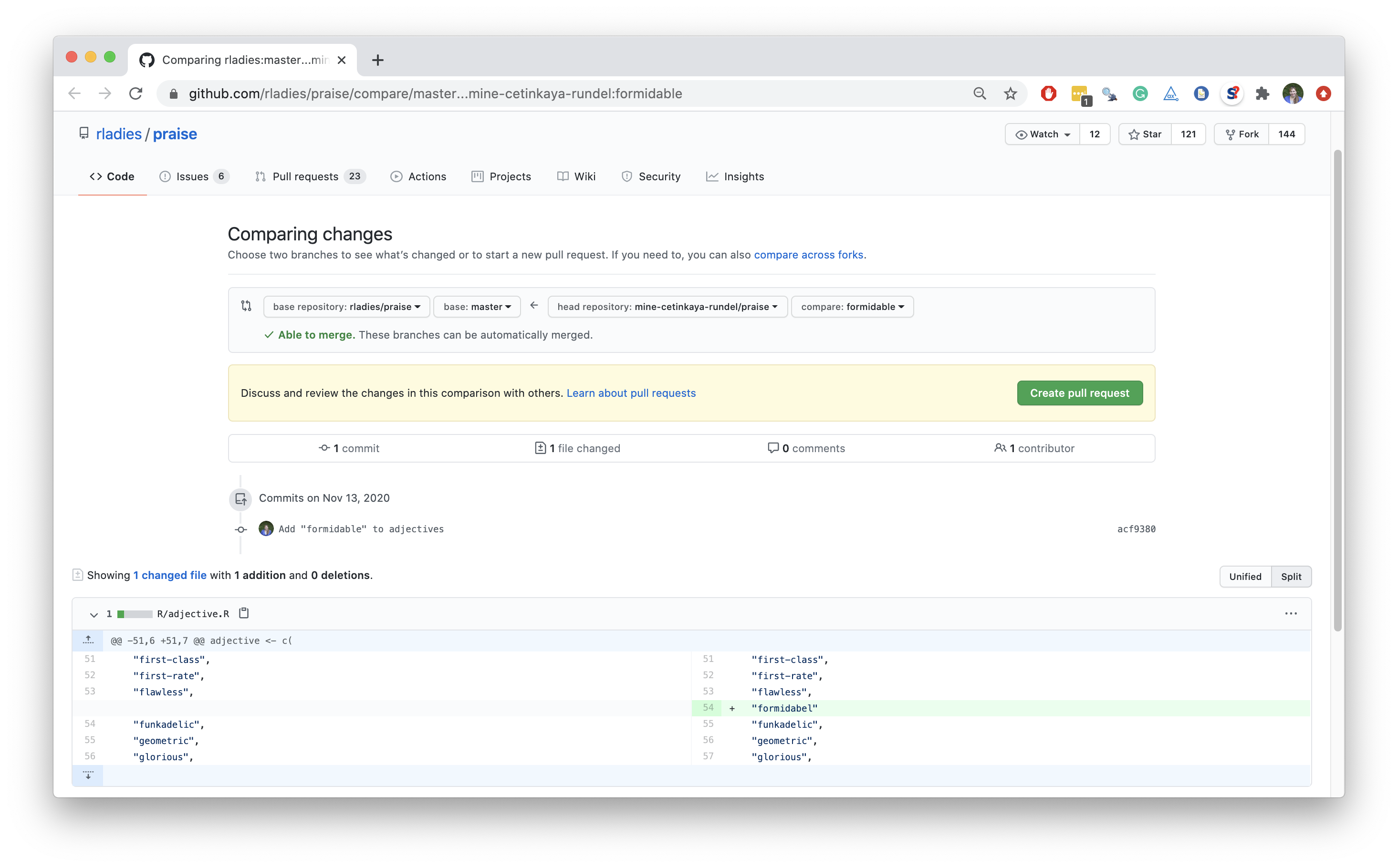 A screenshot showing the diff on GitHub, with the old version of the file on the left, and the new version containing the newly added line 'formidabel', with no comma, on the right. There is a green button that says "Create Pull Request".