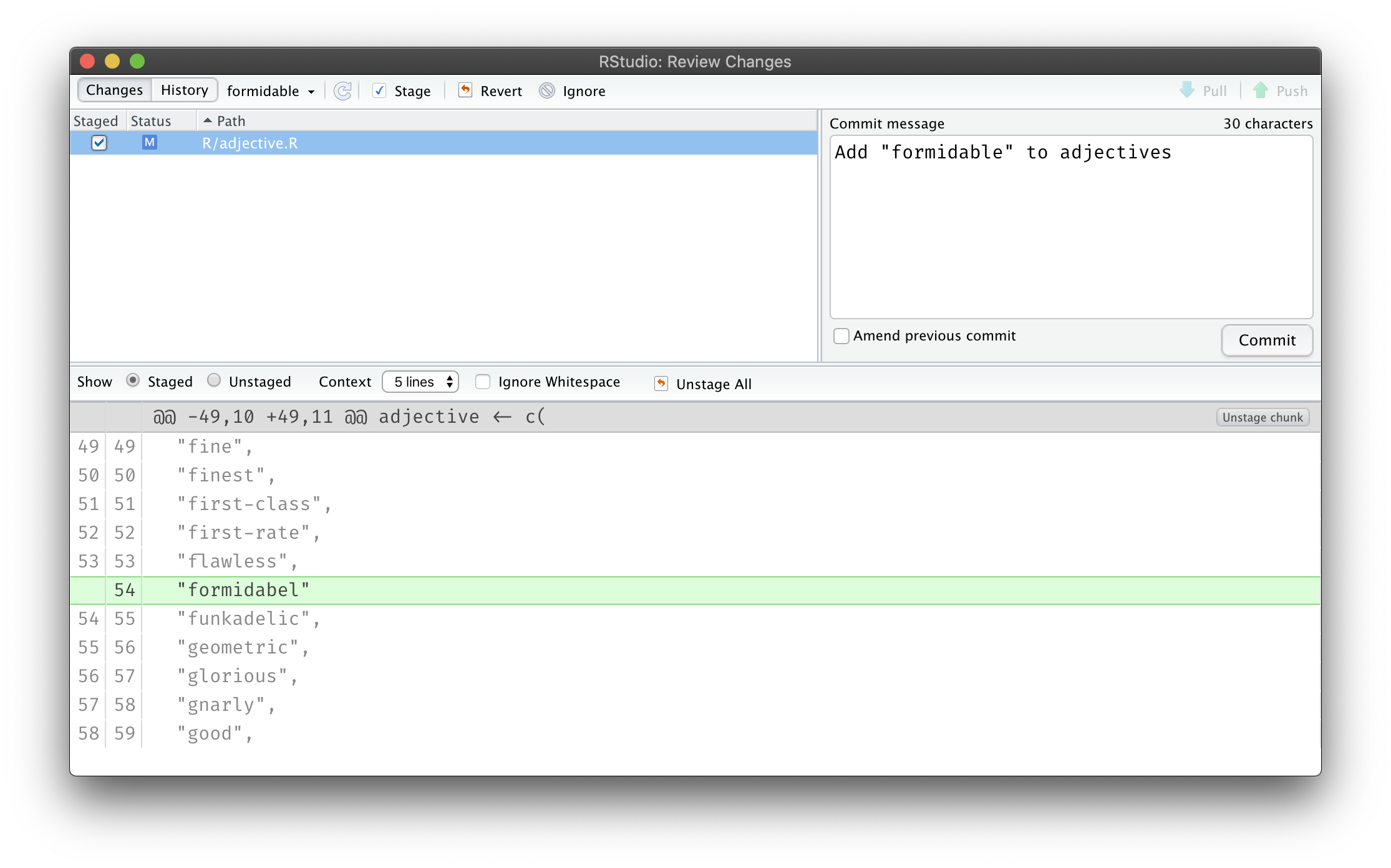 Screenshot of the RStudio Git pane showing the file R/adjective.R staged for a commit. The preview of the file highlights the addition of the line "formidabel", with no comma at the end of the line. The Commit message says "Add 'formidable' to adjectives".